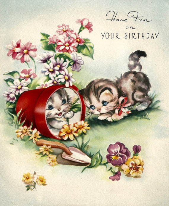 Retro Birthday Cards
 Retro vintage birthday card cute kittens cats digital