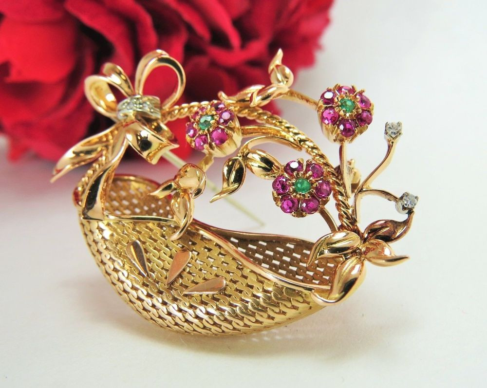 Ribbon Brooches
 VINTAGE YELLOW GOLD 18K MULTI GEM FLOWER BASKET WITH