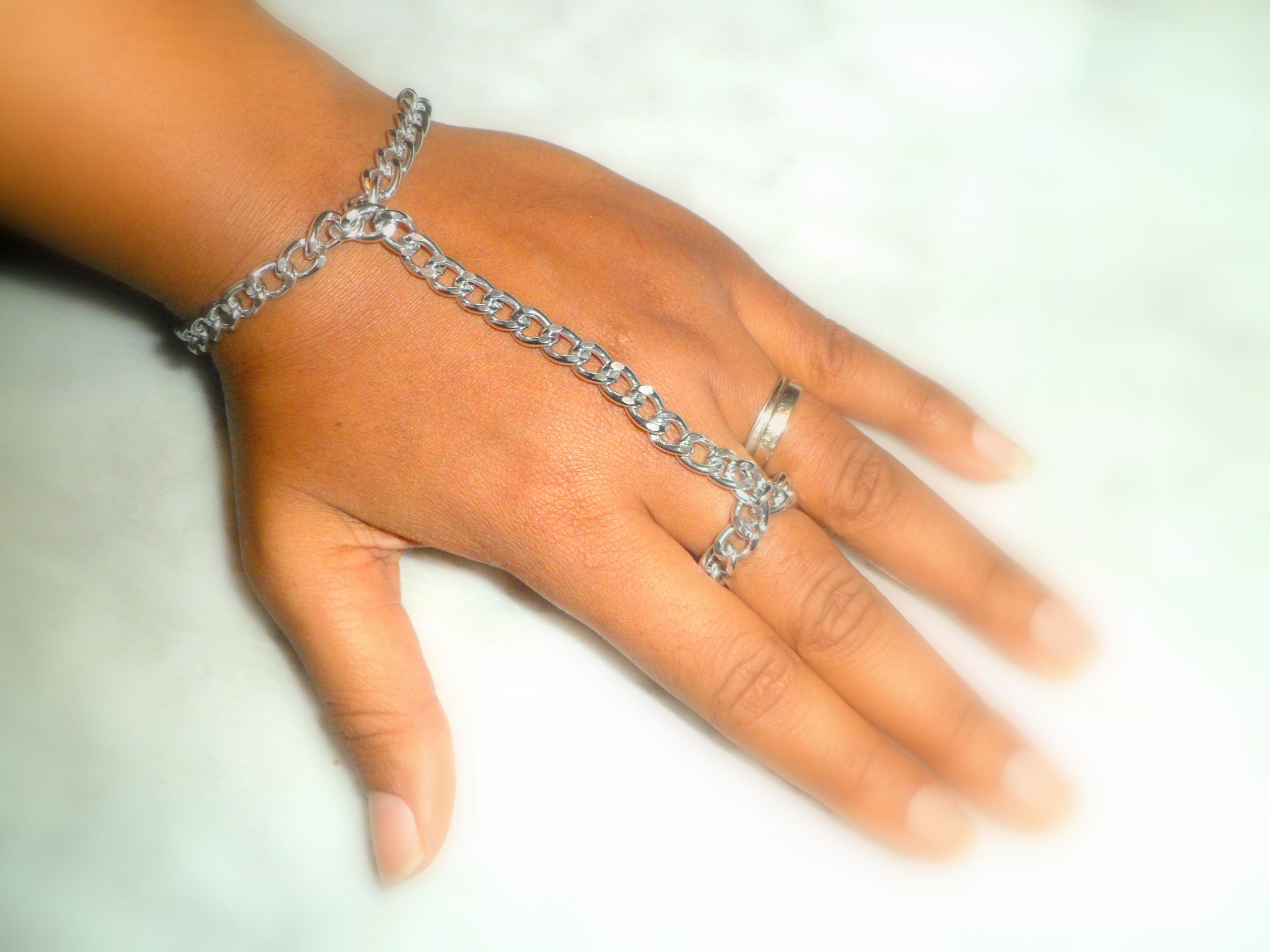 Ring To Wrist Bracelet
 Chunky Silver Hand Adornment Attached Ring and Bracelet