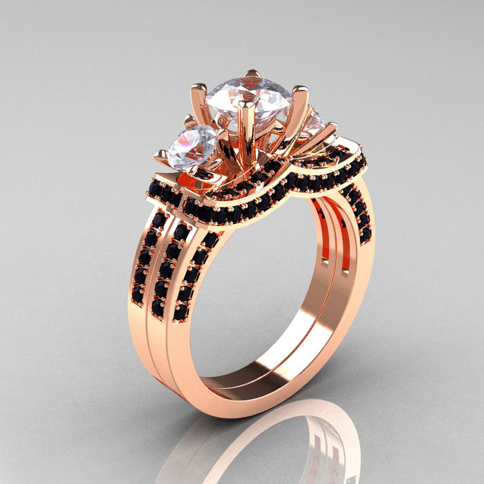 Rose Gold And Black Diamond Engagement Ring
 French 14K Rose Gold Three Stone Black Diamond White