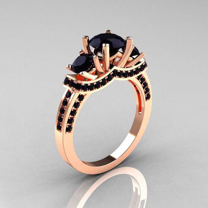 Rose Gold And Black Diamond Engagement Ring
 French 18K Rose Gold Three Stone Black Diamond Wedding