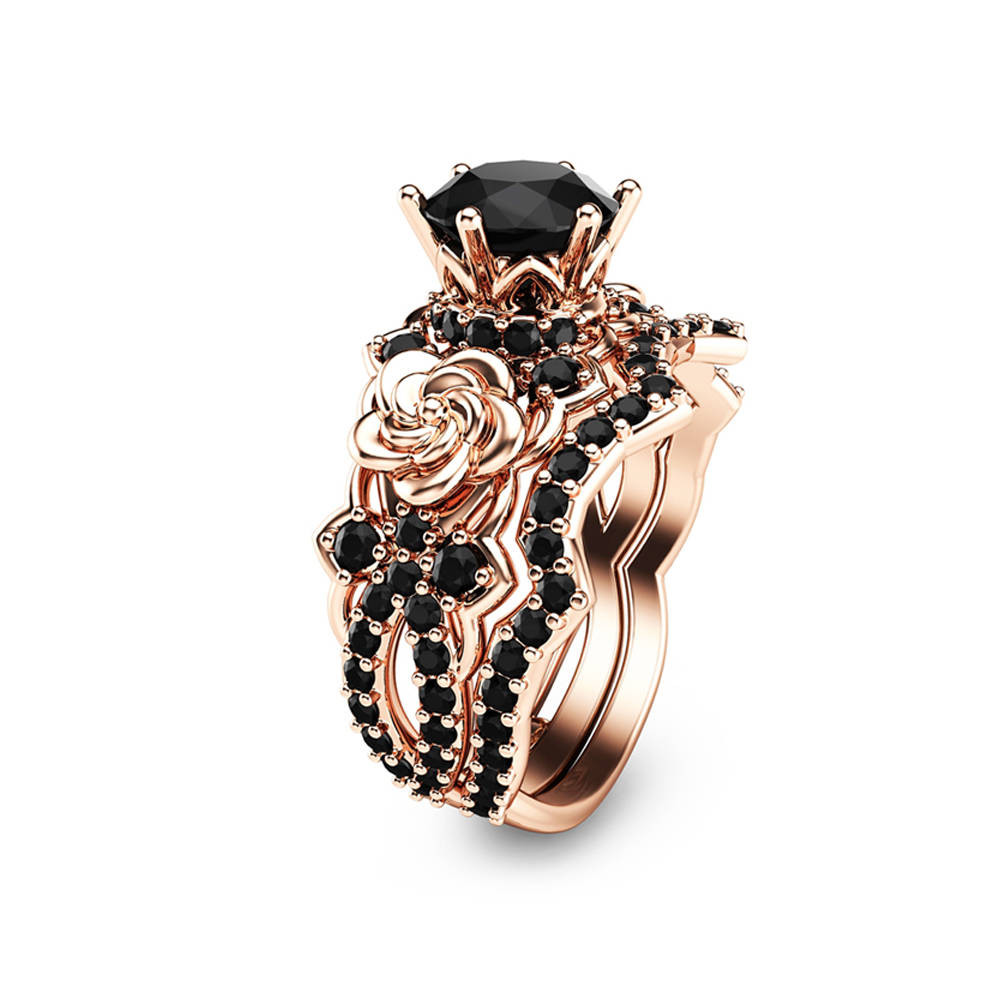 Rose Gold And Black Diamond Engagement Ring
 Black Diamond Gold Engagement Ring Set 14K Rose Gold Flower