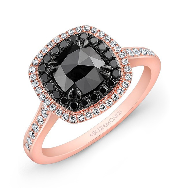Rose Gold And Black Diamond Engagement Ring
 14k Rose Gold Double Halo Rose cut black Diamond Center