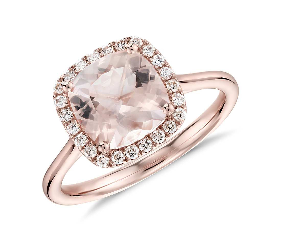 Rose Gold Diamond Rings
 Morganite and Diamond Halo Cushion Ring in 14k Rose Gold