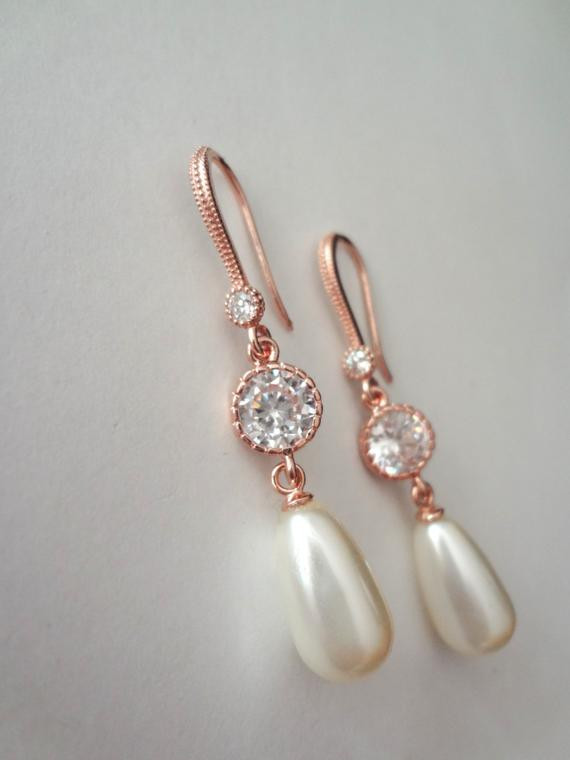 Rose Gold Drop Earrings
 Pearl drop earrings Rose Gold Long Elegant by