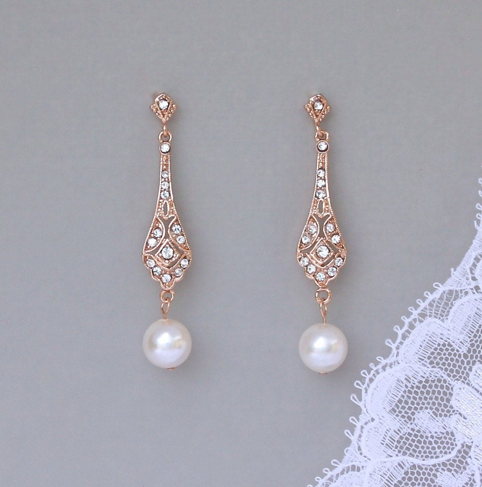 Rose Gold Drop Earrings
 Rose Gold Crystal Earrings Bridal Pearl Drop Earrings Pink