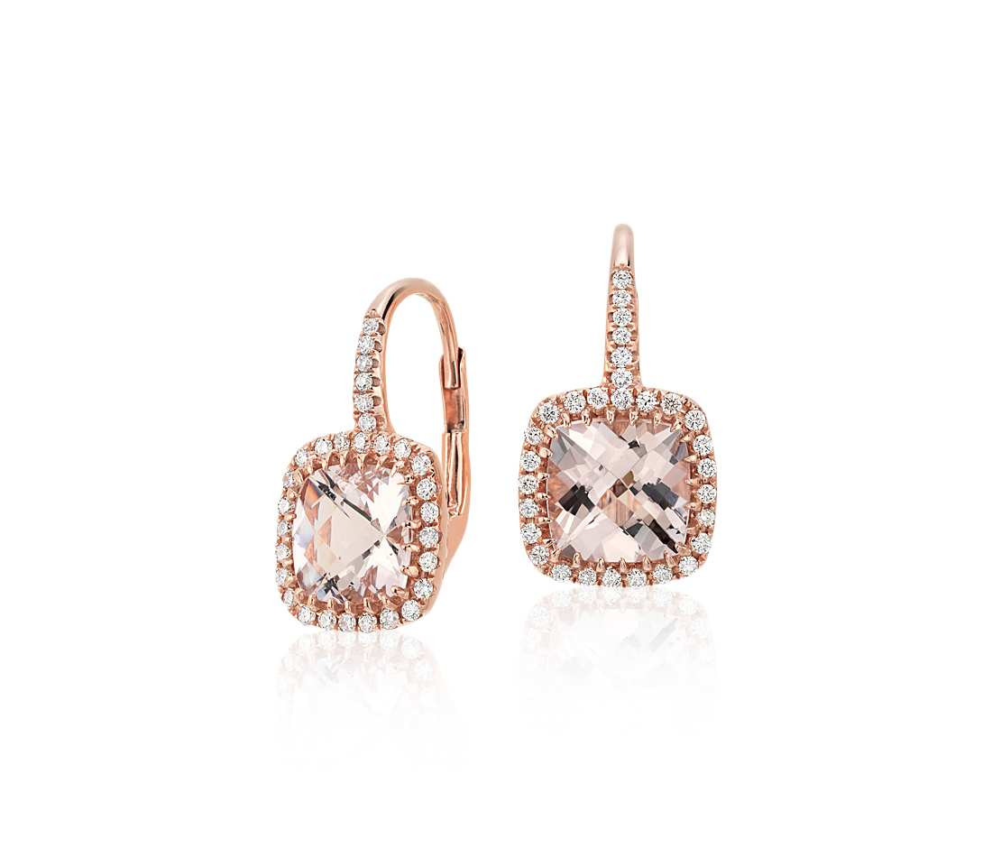 Rose Gold Drop Earrings
 Morganite and Diamond Cushion Drop Earrings in 14k Rose