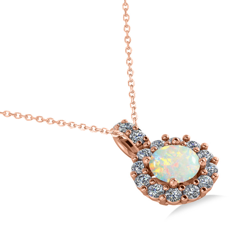 Rose Gold Opal Necklace
 Round Opal & Diamond Halo Pendant Necklace 14k Rose Gold 0