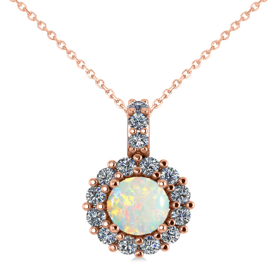 Rose Gold Opal Necklace
 Round Opal & Diamond Halo Pendant Necklace 14k Rose Gold 0