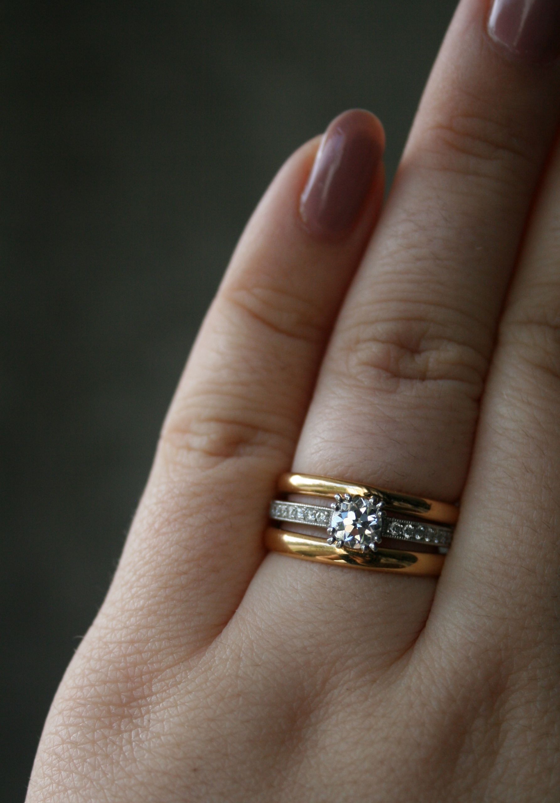 Rose Gold Wedding Band With White Gold Engagement Ring
 Show me your white metal solitaire with yellow or Rose
