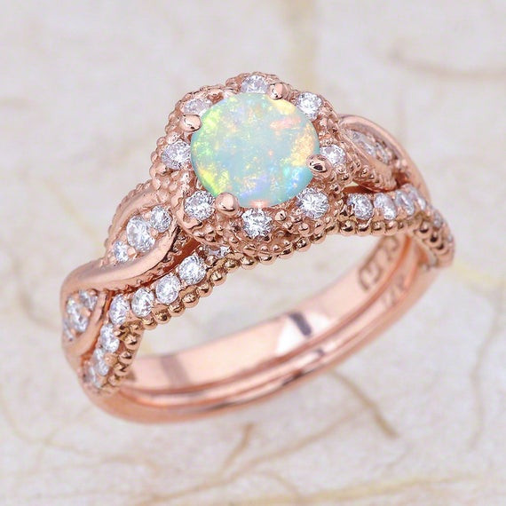 Rose Gold Wedding Ring
 Opal 14K Vintage Rose Gold Engagement Ring And Wedding Band