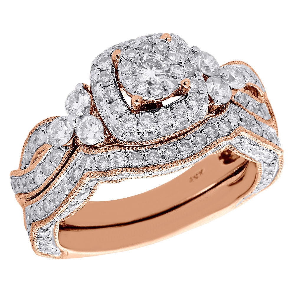 Rose Gold Wedding Ring
 14K Rose Gold Round Cut Diamond Wedding Bridal Set Antique