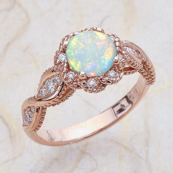 Rose Gold Wedding Ring
 14K Vintage Rose Gold Engagement Ring Center Is A Round Opal