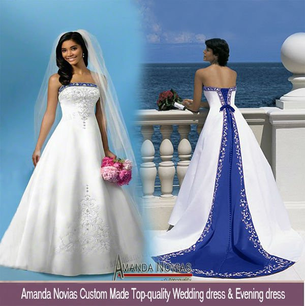 Royal Blue And White Wedding Dresses
 f shoulder embroidery satin royal blue and white wedding
