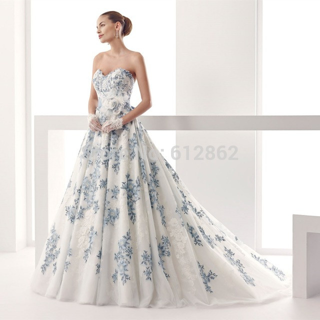 Royal Blue And White Wedding Dresses
 Strapless Sweetheart Low Back Ball Gown Lace Royal Blue