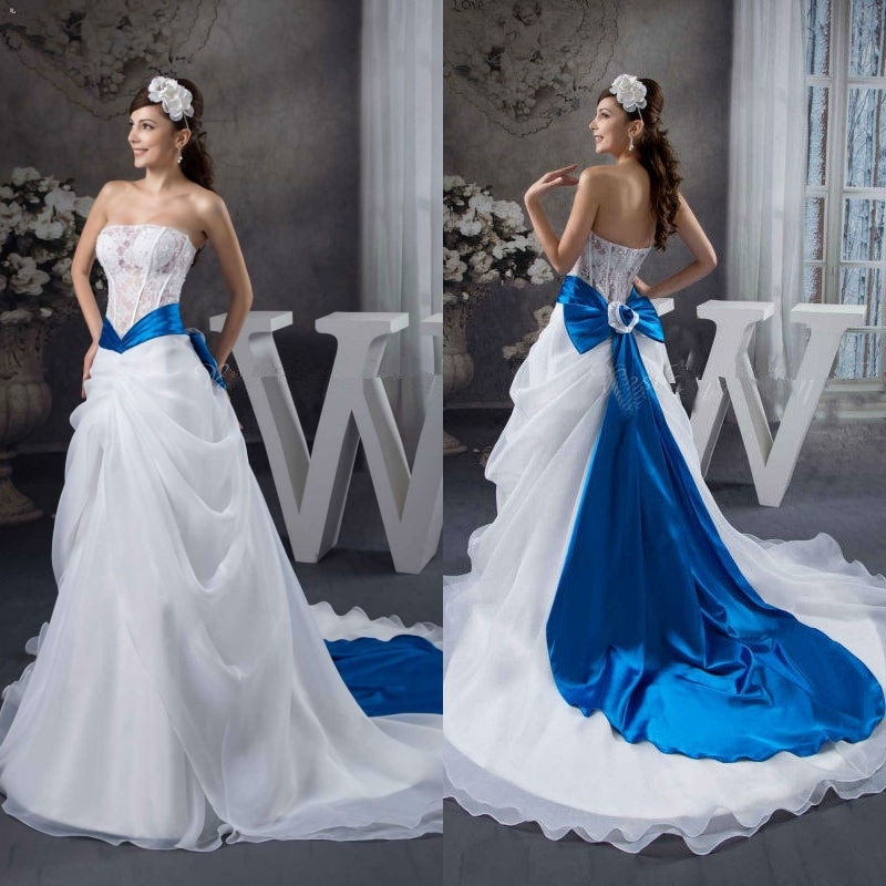 Royal Blue And White Wedding Dresses
 2014 Elegant y See Through Lace Ribbon Sash Royal Blue