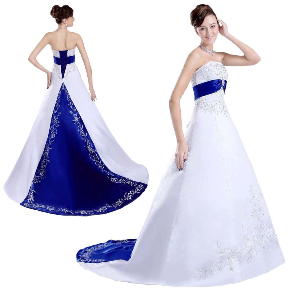 Royal Blue And White Wedding Dresses
 White and royal blue Embroidered Satin Wedding Dresses