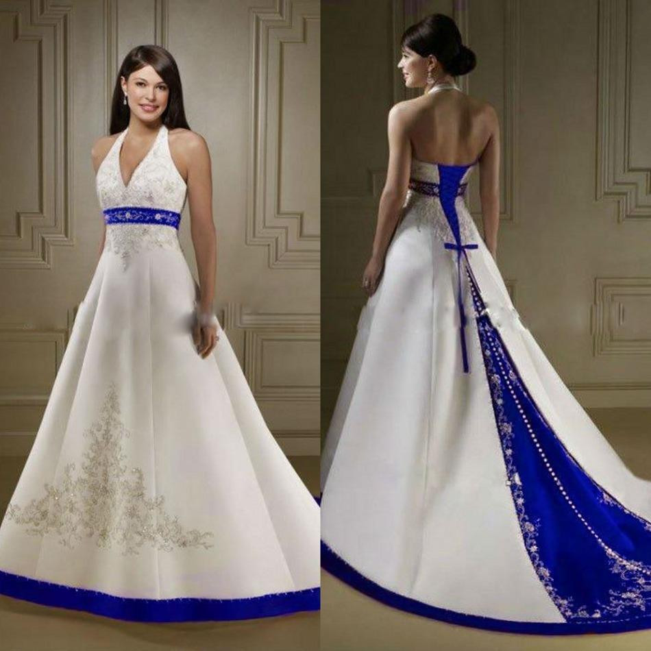 Royal Blue And White Wedding Dresses
 2017 Court Train Ivory and Royal Blue A Line Wedding