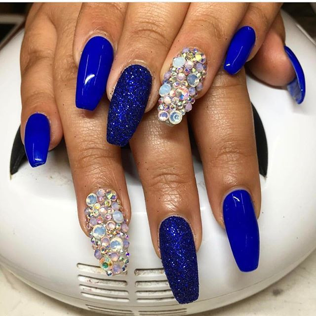 Royal Blue Glitter Nails
 Royal blue glitter crystal nail art Nails