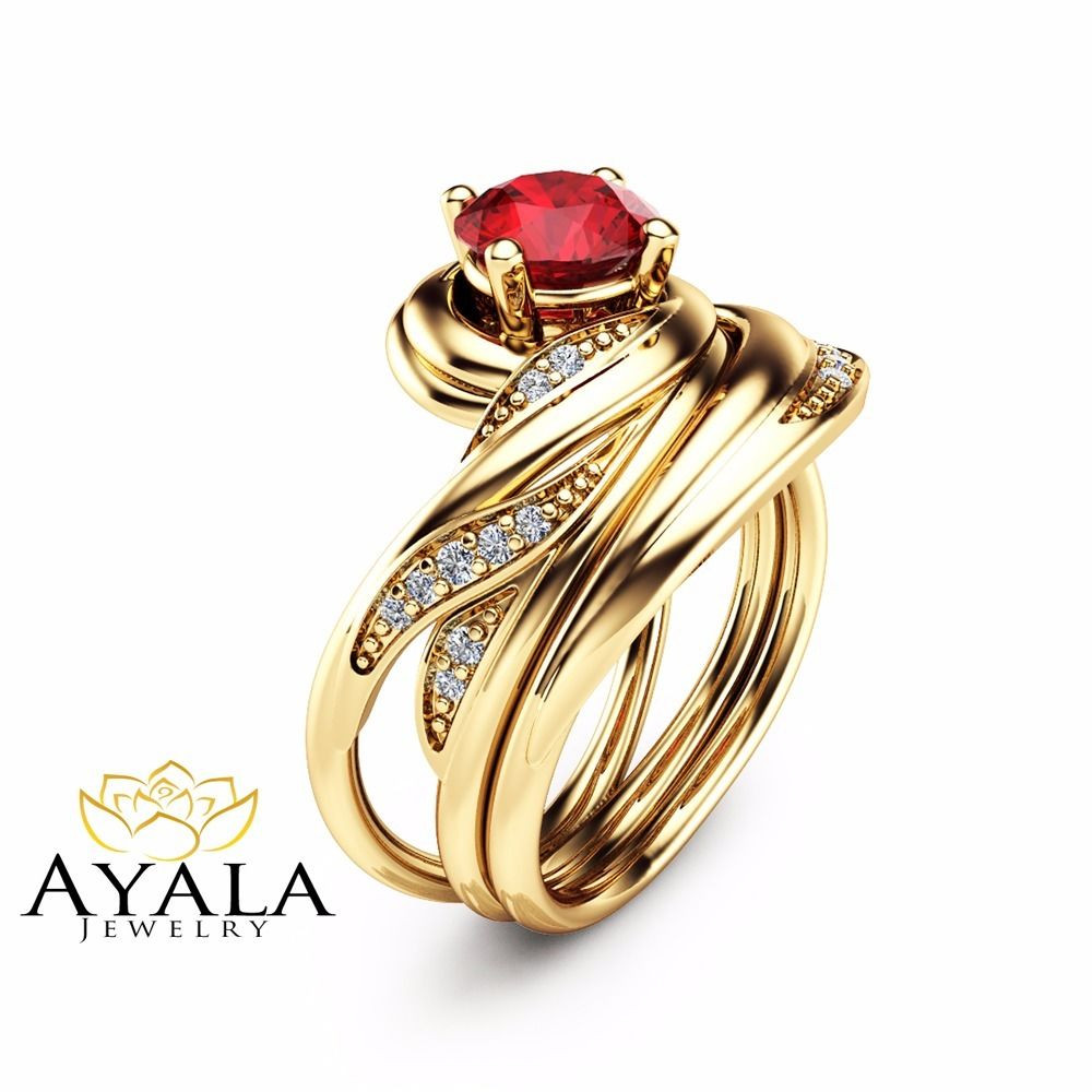 Ruby Wedding Ring Sets
 Unique Ruby Wedding Ring Set in 14K Yellow Gold Vintage
