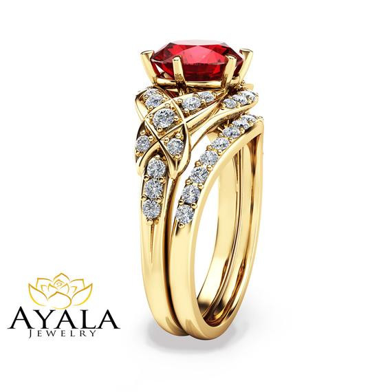 Ruby Wedding Ring Sets
 Natural Ruby Wedding Ring Set in 14K Yellow Gold Unique