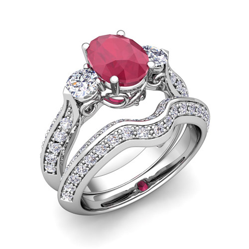 Ruby Wedding Ring Sets
 Vintage Diamond and Ruby Three Stone Ring Bridal Set
