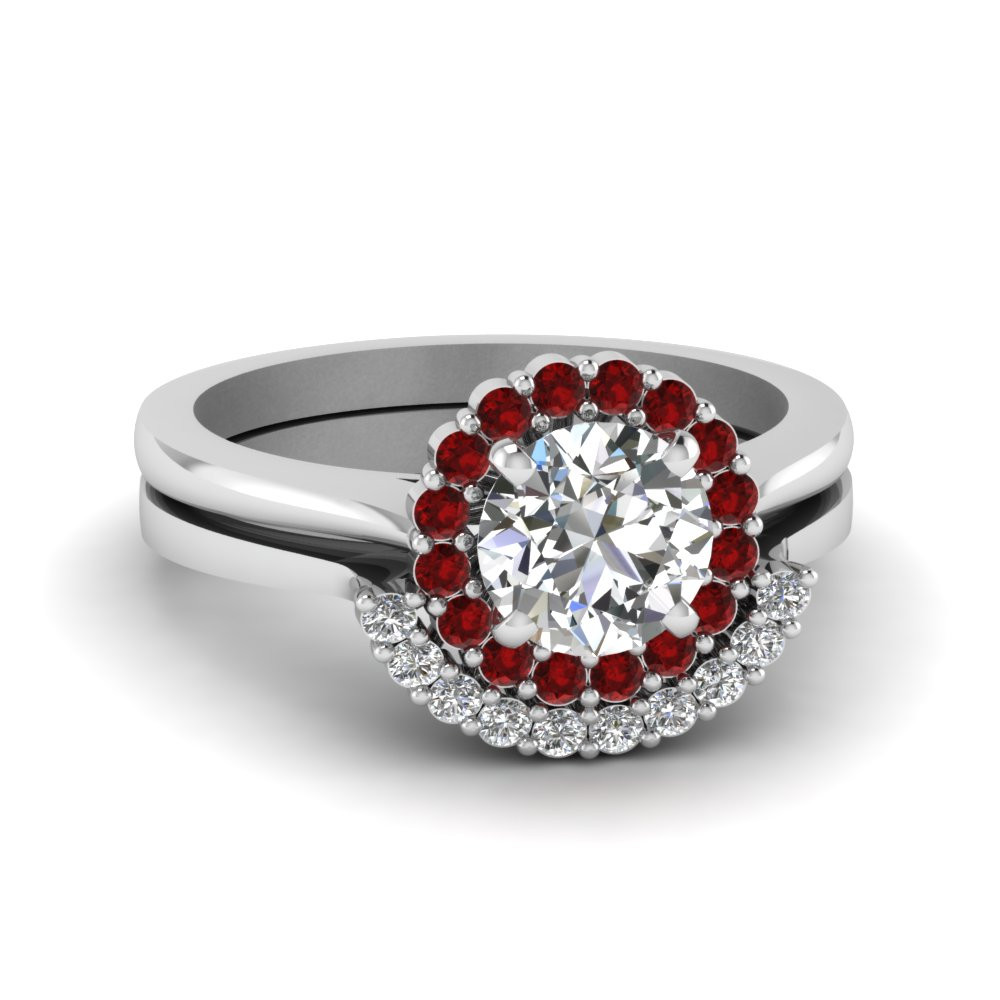 Ruby Wedding Ring Sets
 Round Cut Floral Halo Diamond Wedding Ring Set With Ruby