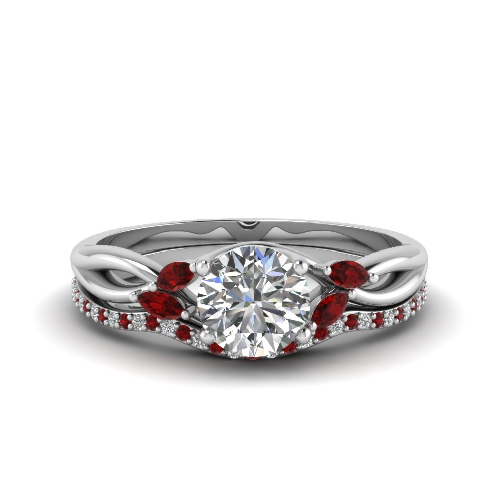 Ruby Wedding Ring Sets
 Round Cut Twisted Diamond Bridal Set With Ruby In 14K