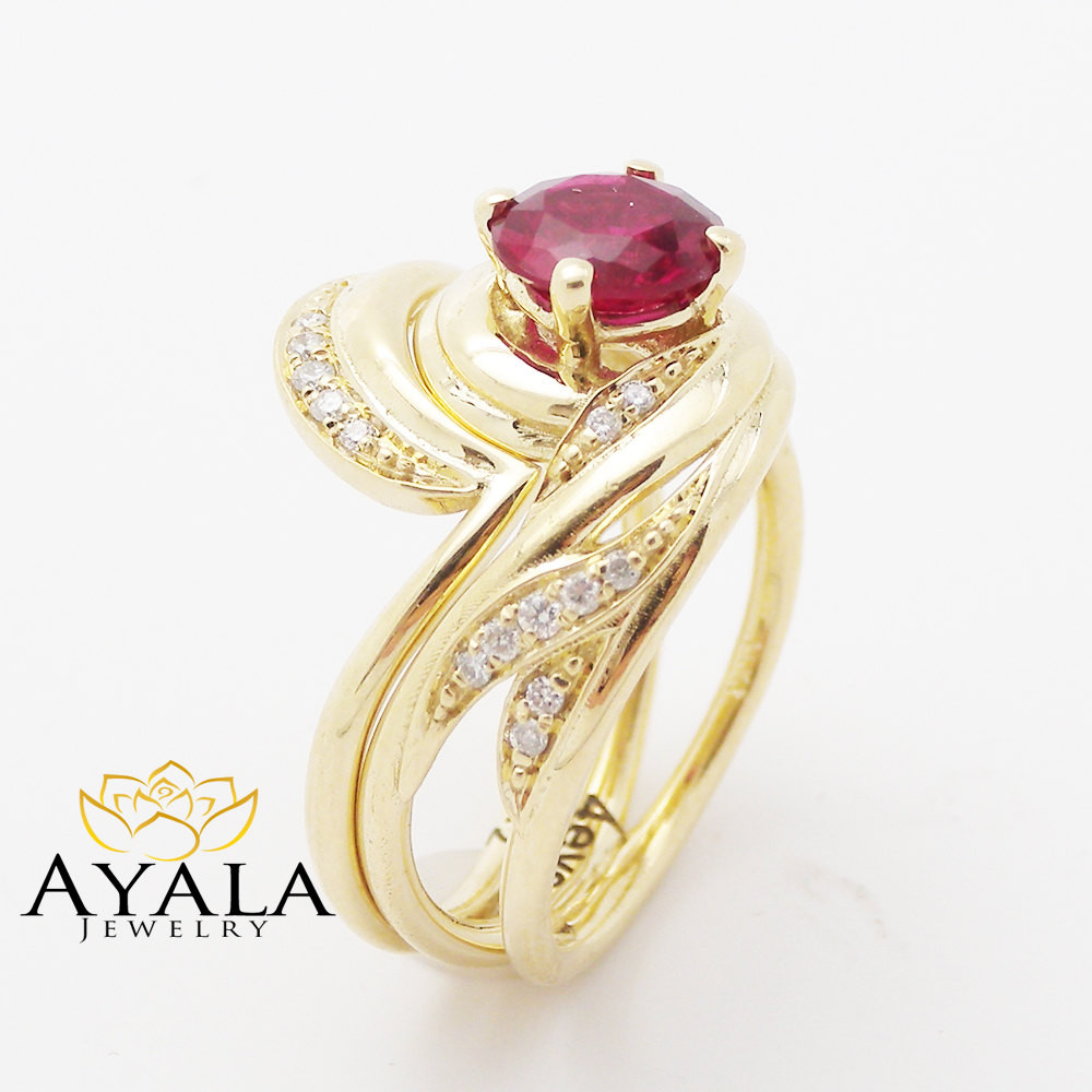 Ruby Wedding Ring Sets
 Unique Design Ruby Wedding Ring Set in 14K Yellow Gold Ruby