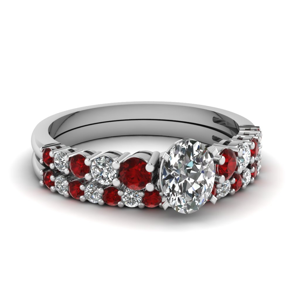 Ruby Wedding Ring Sets
 Vintage Heart Diamond Bridal Set With Ruby In 18k White