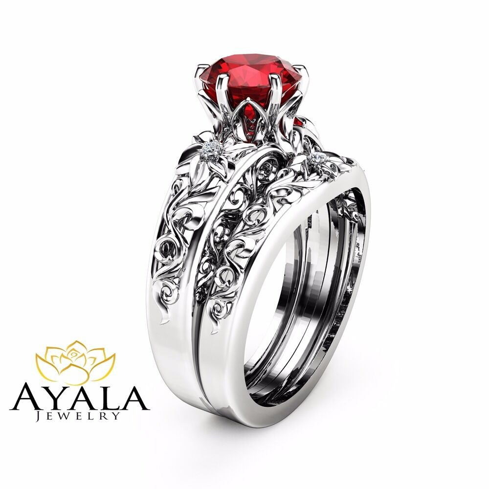Ruby Wedding Ring Sets
 Natural Ruby Engagement Ring Set Unique 14K White Gold