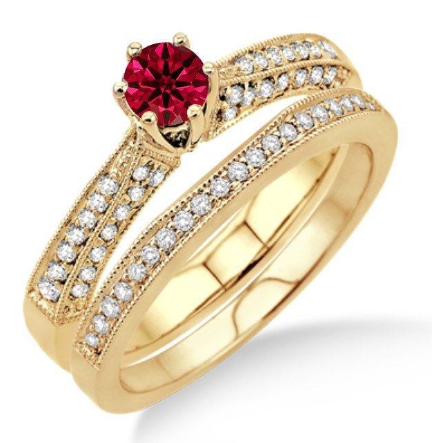 Ruby Wedding Ring Sets
 2 Carat Ruby & Diamond Antique Bridal Set Engagement Ring
