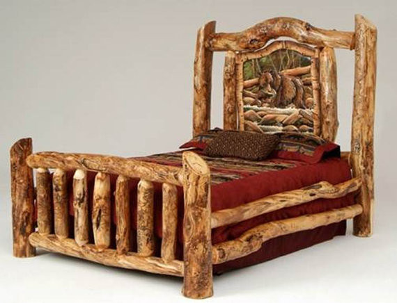 Rustic Log Bedroom Set
 Rustic Burl Aspen Log Bed With Handcarved Wood Panel