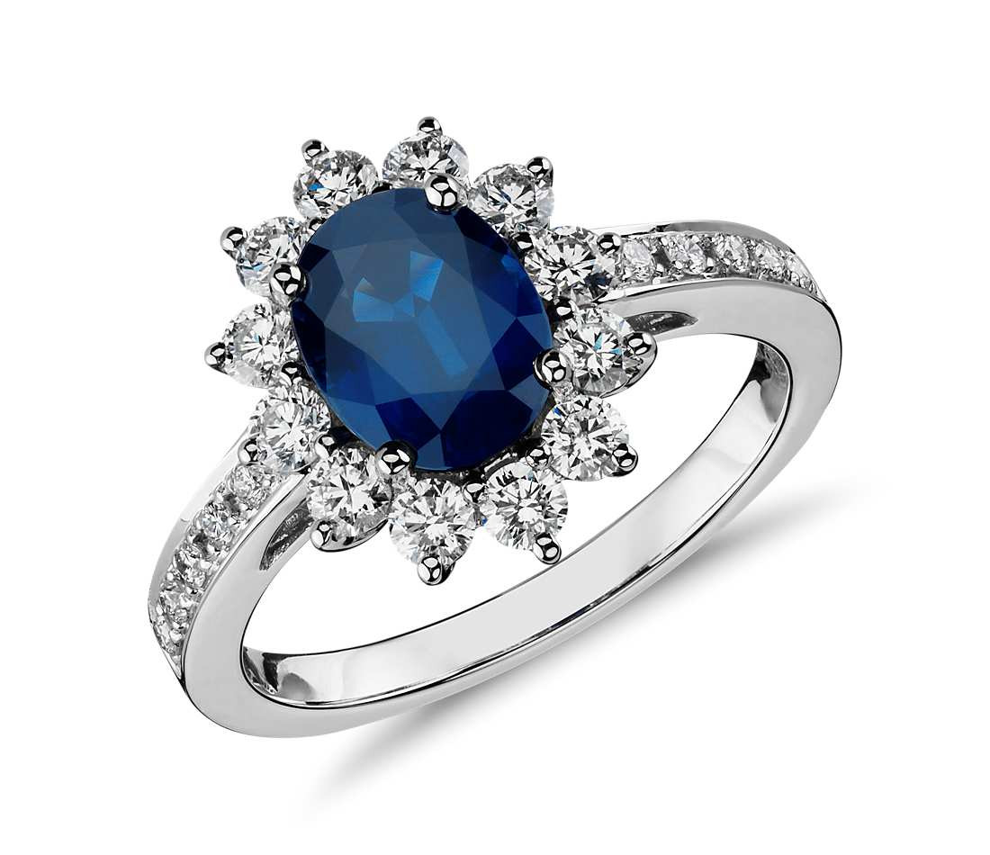 Sapphire Wedding Ring
 Oval Sapphire and Diamond Halo Ring in 18k White Gold