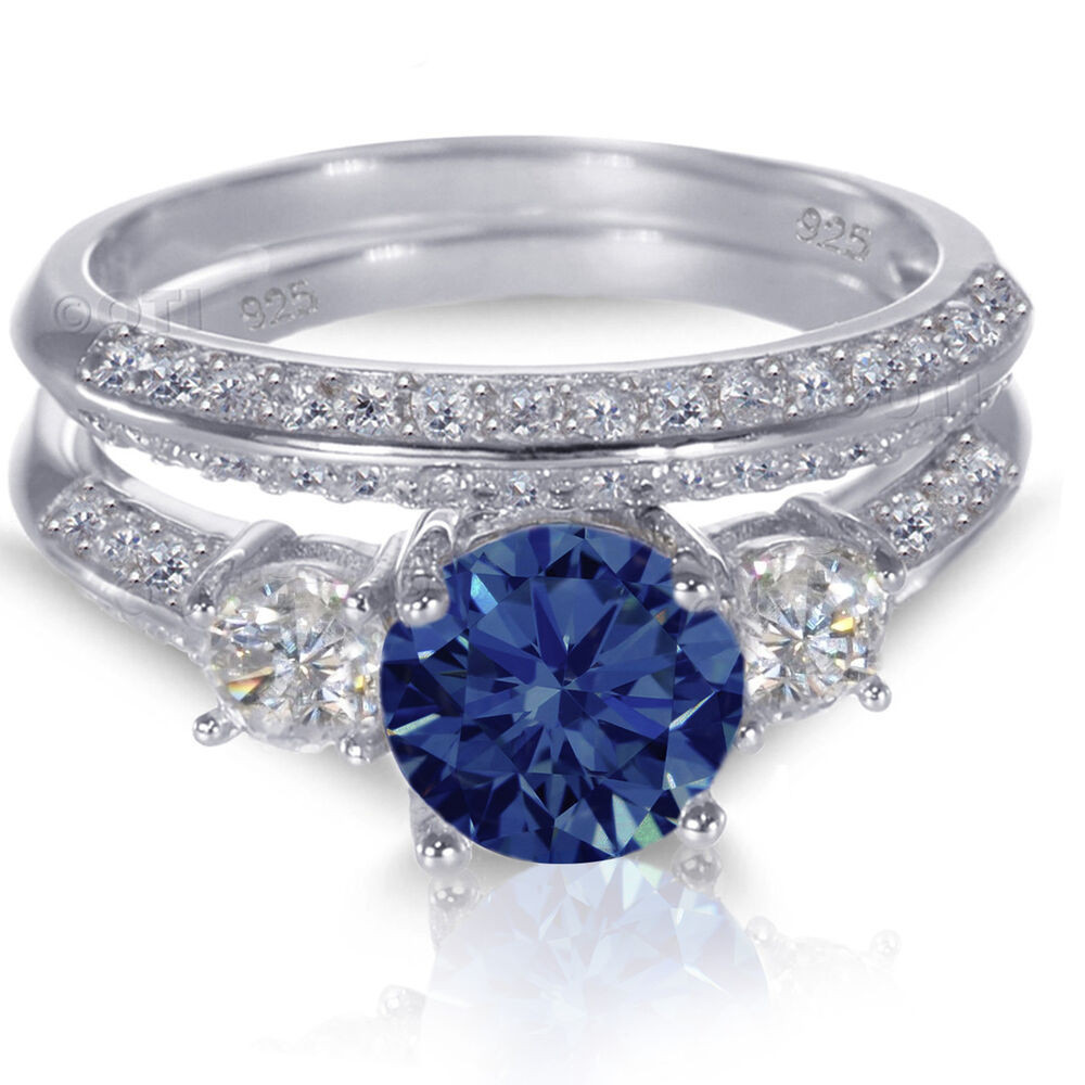 Sapphire Wedding Ring
 White Gold Sterling Silver Brilliant Blue Sapphire Wedding