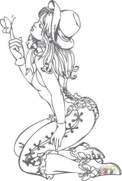 Sexy Girls Printable Coloring Pages
 Country Western Girl with a Butterfly on Her Finger