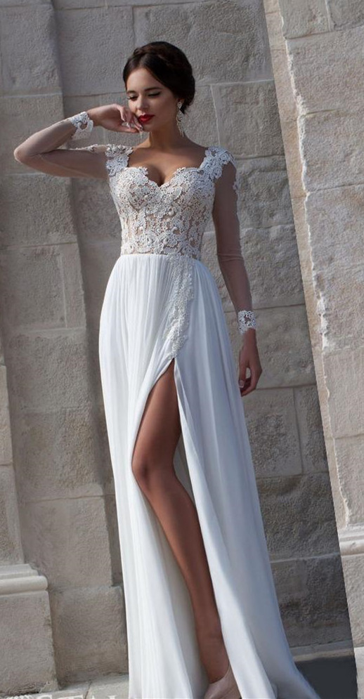 Sheer Wedding Dresses
 White Lace Sheer Long Sleeve Wedding Dresses Side Slit