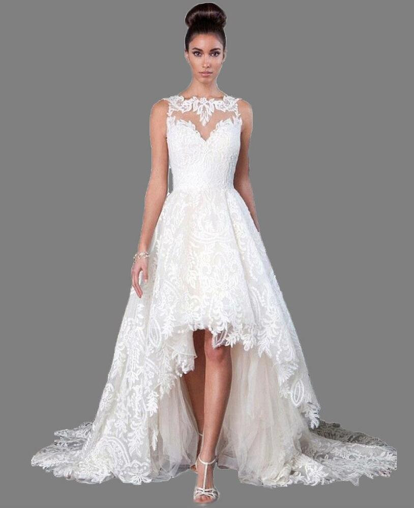 Short Wedding Gown
 Bridal Gown Chapel Train Boat Neck High Low Wedding Dress