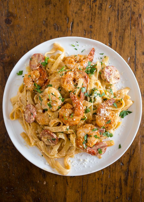Shrimp And Sausage Pasta
 This Cajun shrimp fettuccine alfredo is packed full of