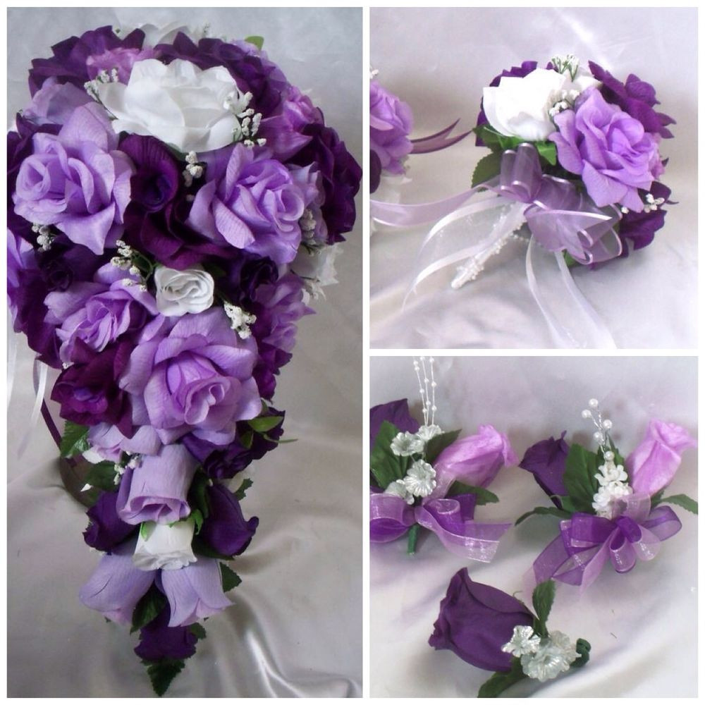 Silk Flowers Wedding
 Wedding Bridal Bouquet Cascading Lavender Purple Lily Silk