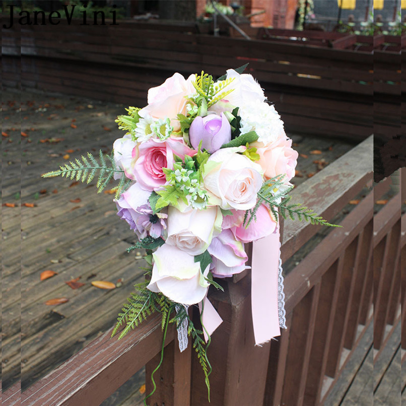 Silk Wedding Flowers Cheap
 JaneVini Vintage Waterfall Pink Purple Wedding Bouquets