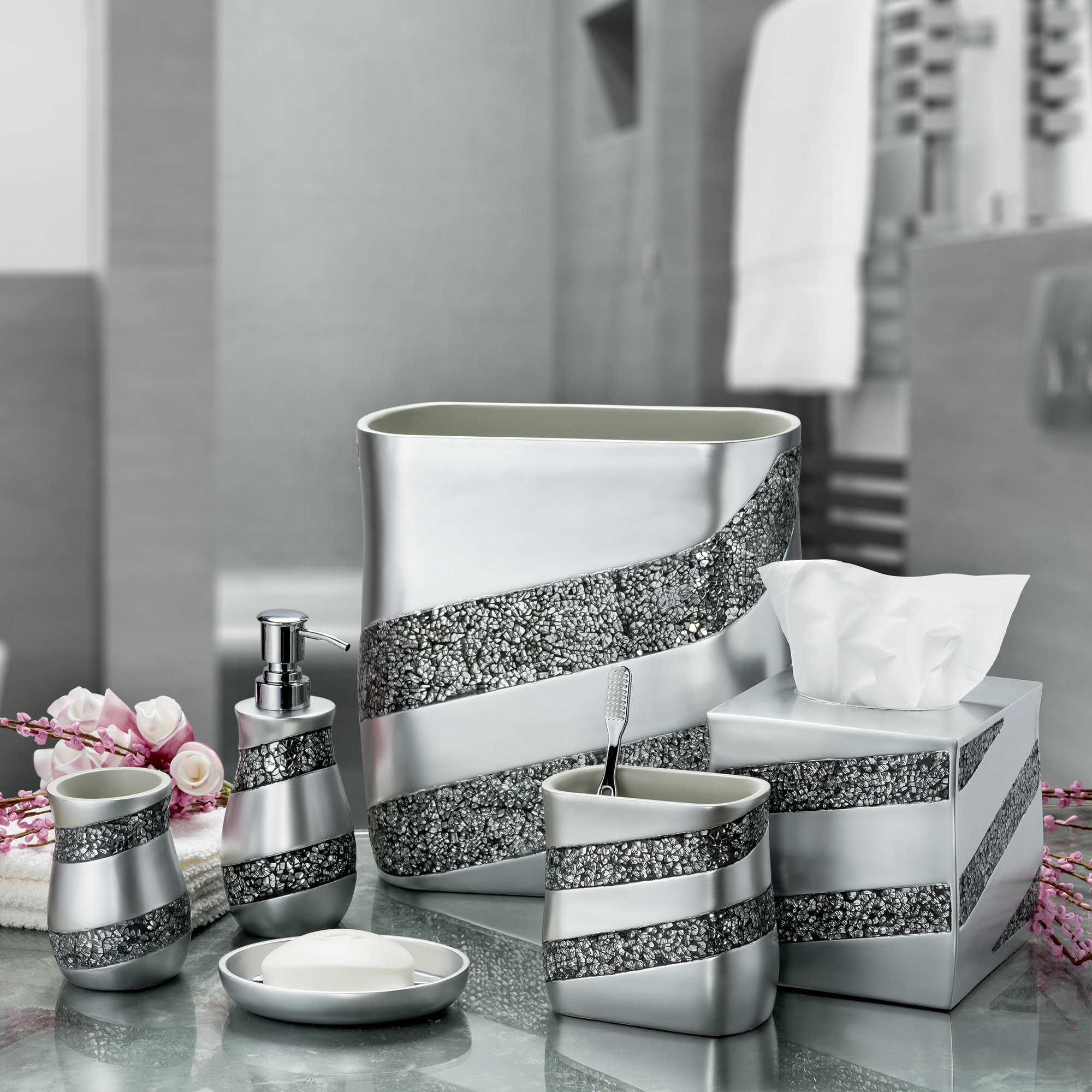 Silver Bathroom Decor
 Dwellza Silver Mosaic Bathroom Accessories Set 6 Piece