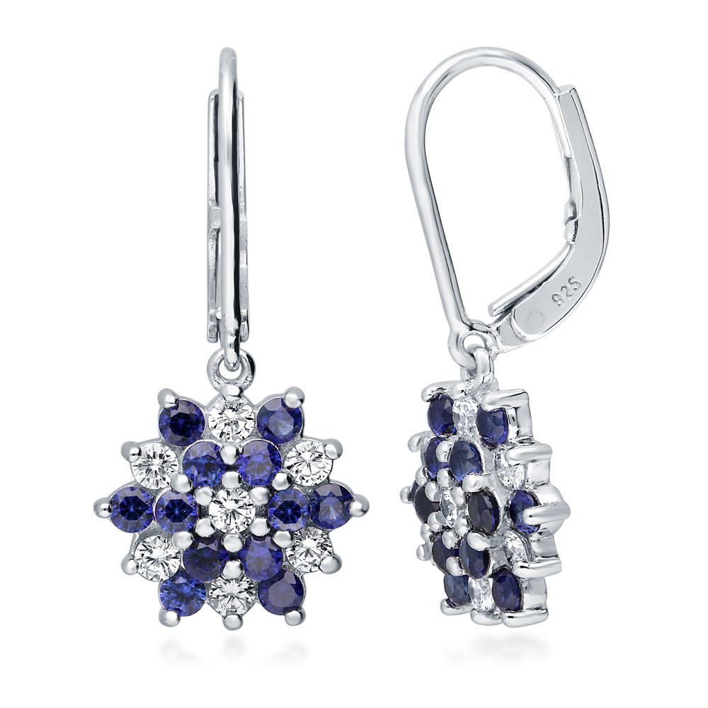 Silver Drop Earrings
 BERRICLE 925 Silver Simulated Sapphire CZ Flower Leverback