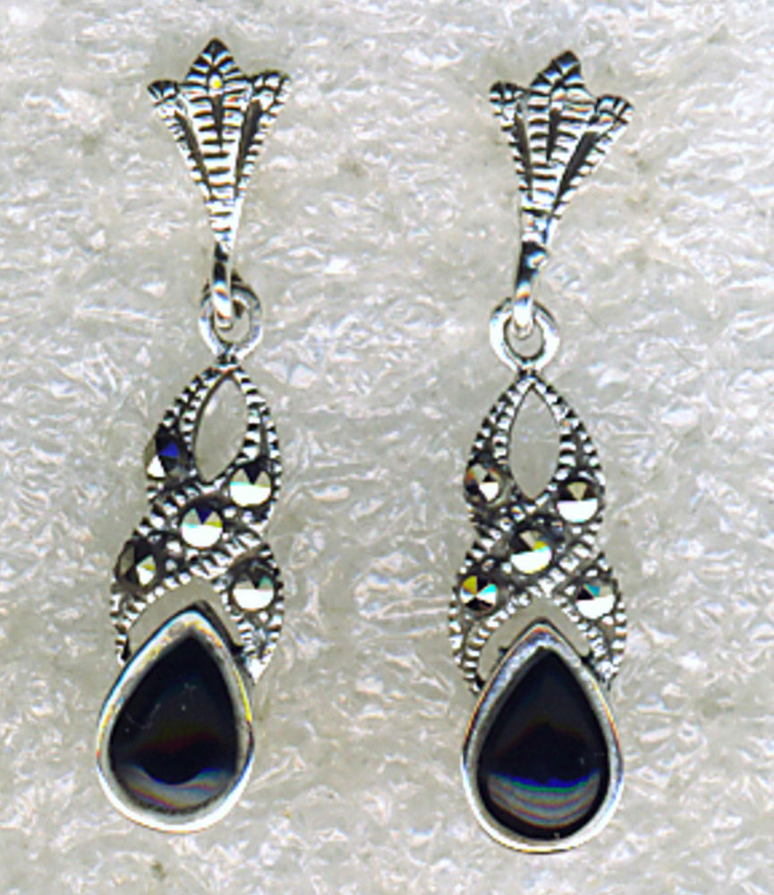 Silver Drop Earrings
 925 Sterling Silver Black yx & Marcasite Drop Dangle