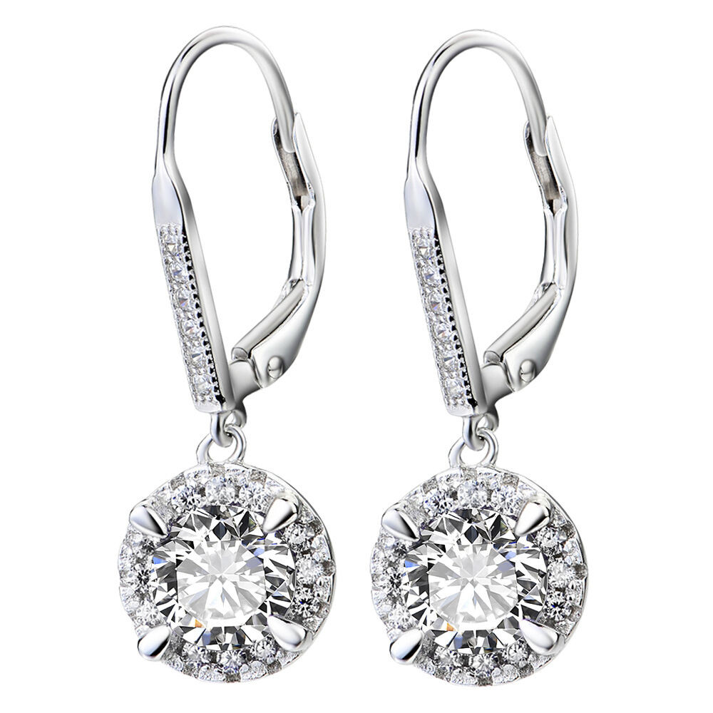 Silver Drop Earrings
 Cubic Zirconia Gems CZ Prong Earring Women 925 Sterling