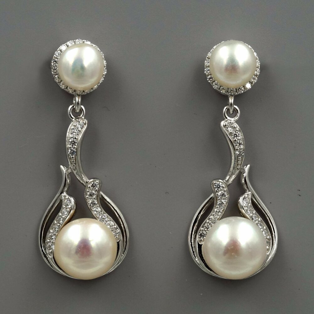 Silver Drop Earrings
 White Pearl Freshwater CZ 925 Sterling Silver Drop Dangle