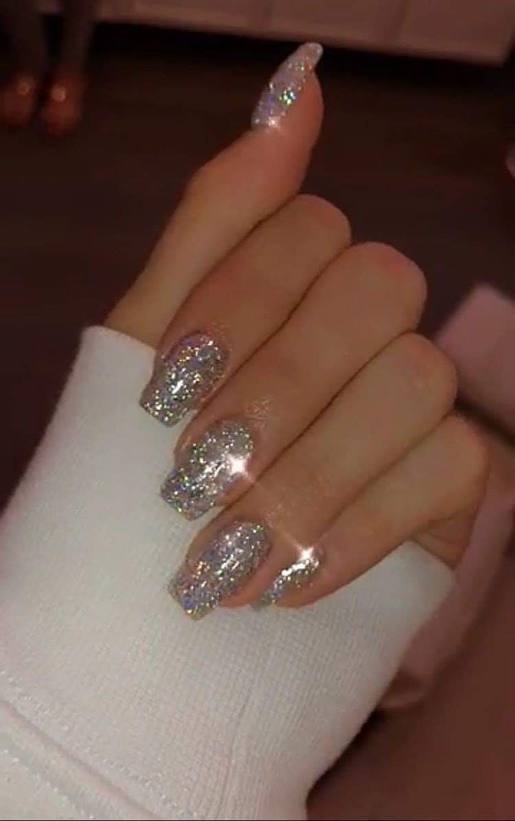 Silver Glitter Coffin Nails
 Silver glitter coffin nails Nails in 2019