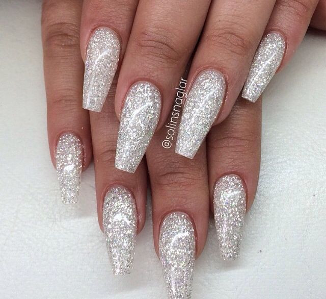 Silver Glitter Coffin Nails
 sparkly silver acrylics