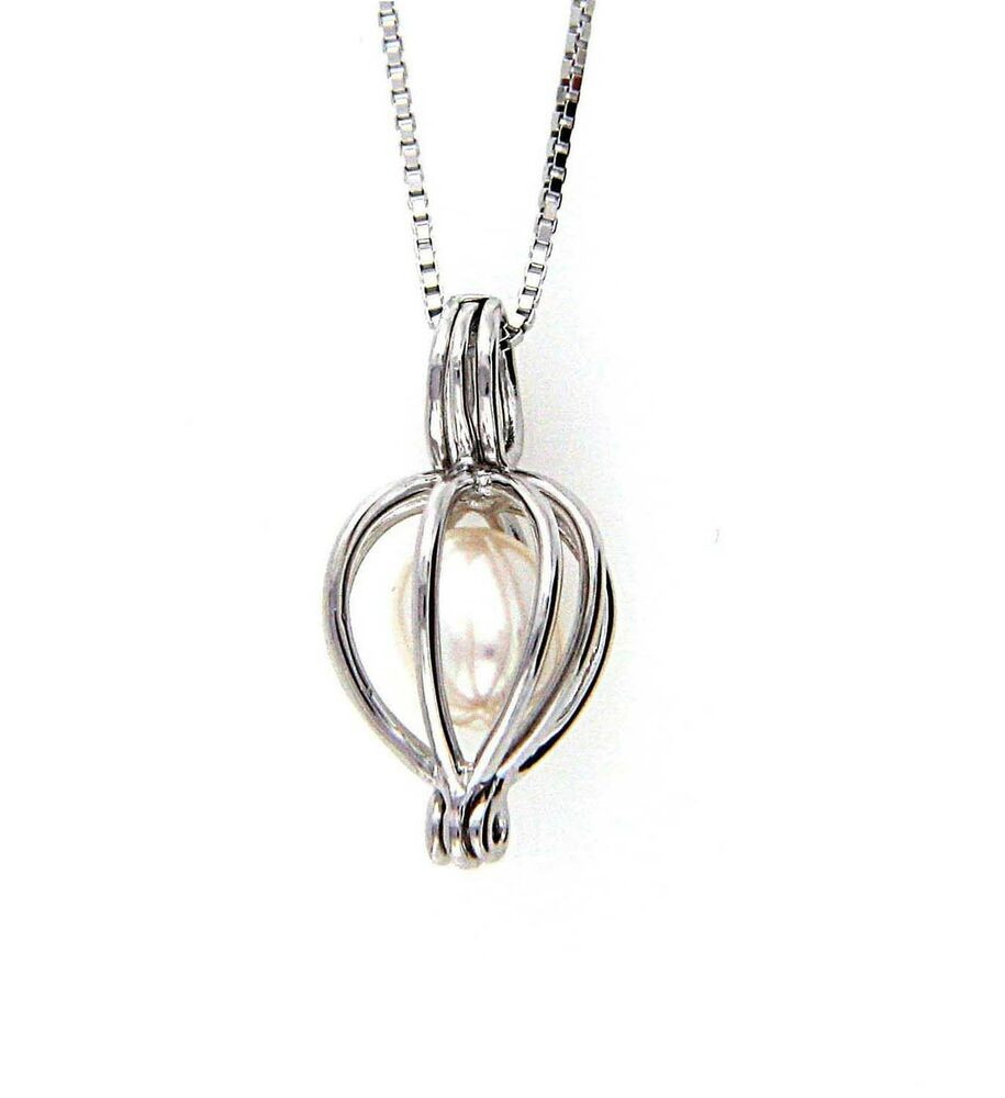 Silver Pendant Necklace
 925 Sterling Silver Heart Cage Pendant Wish Pearl Necklace