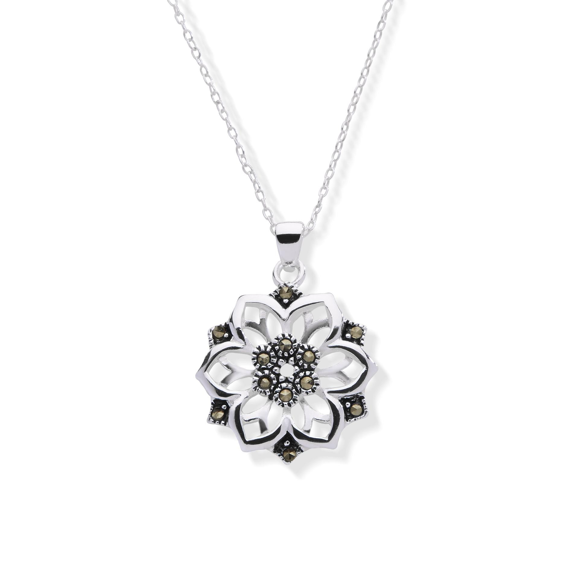 Silver Pendant Necklace
 Sterling Marcasite Sterling Silver Flower Pendant Necklace